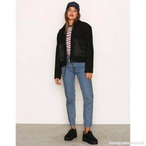 New Dr Denim Emlin Box Crop Faux Shearling Jacket Black Boucle Small $220 - Picture 2 of 5